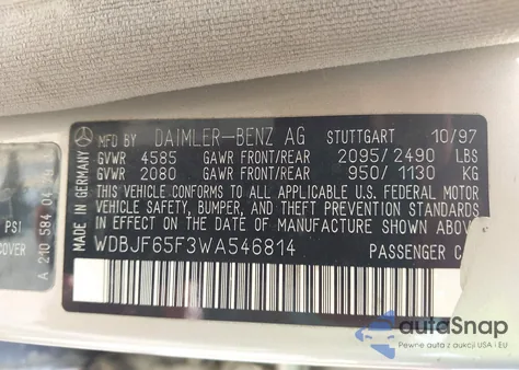 1998 Mercedes-Benz E 320 from USA, damaged, VIN WDBJF65F3WA546814